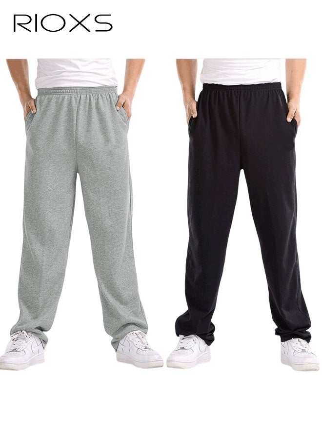 RIOXS 2Pcs Men's Cotton Sweatpants, Casual Open Bottom Straight Leg Athletic Pants, Loose Fit Elastic Waist Joggers with Zippered Pockets, Lightweight Lounge Sweat Pants for Workout Running Jogging Commuting, Black+Grey - Image 1